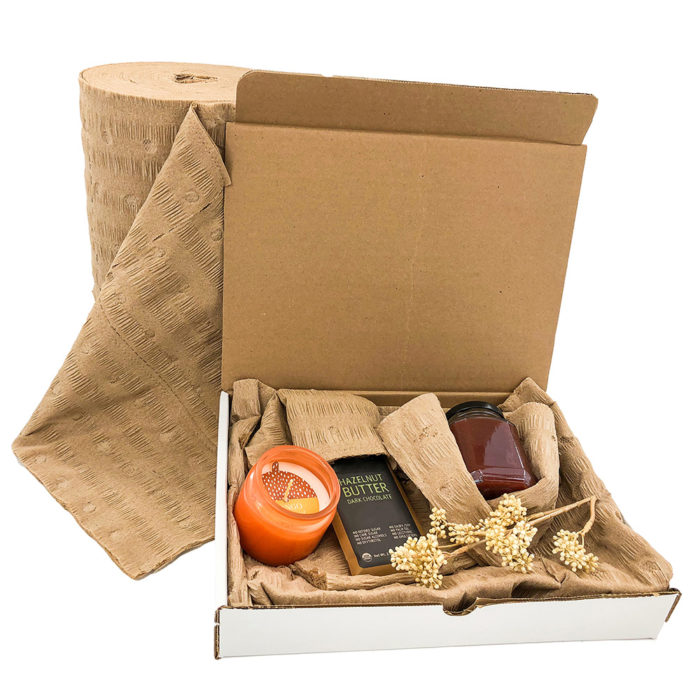 Products in box wrapped recyclable packaging
