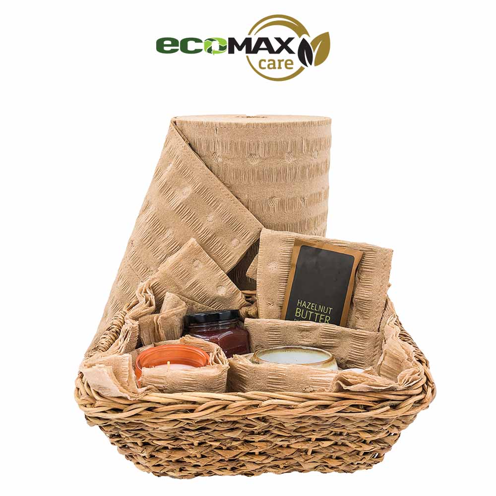 Basket of items wrapped in eco max care sustainable packaging